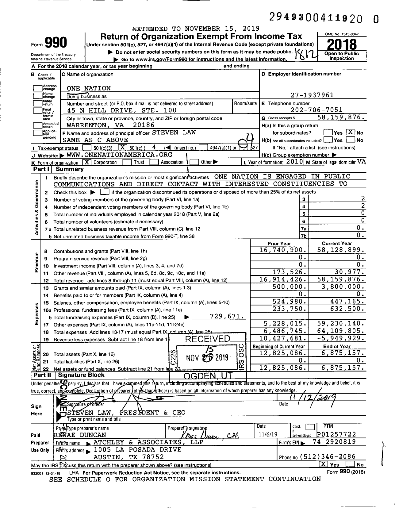 Image of first page of 2018 Form 990O for One Nation