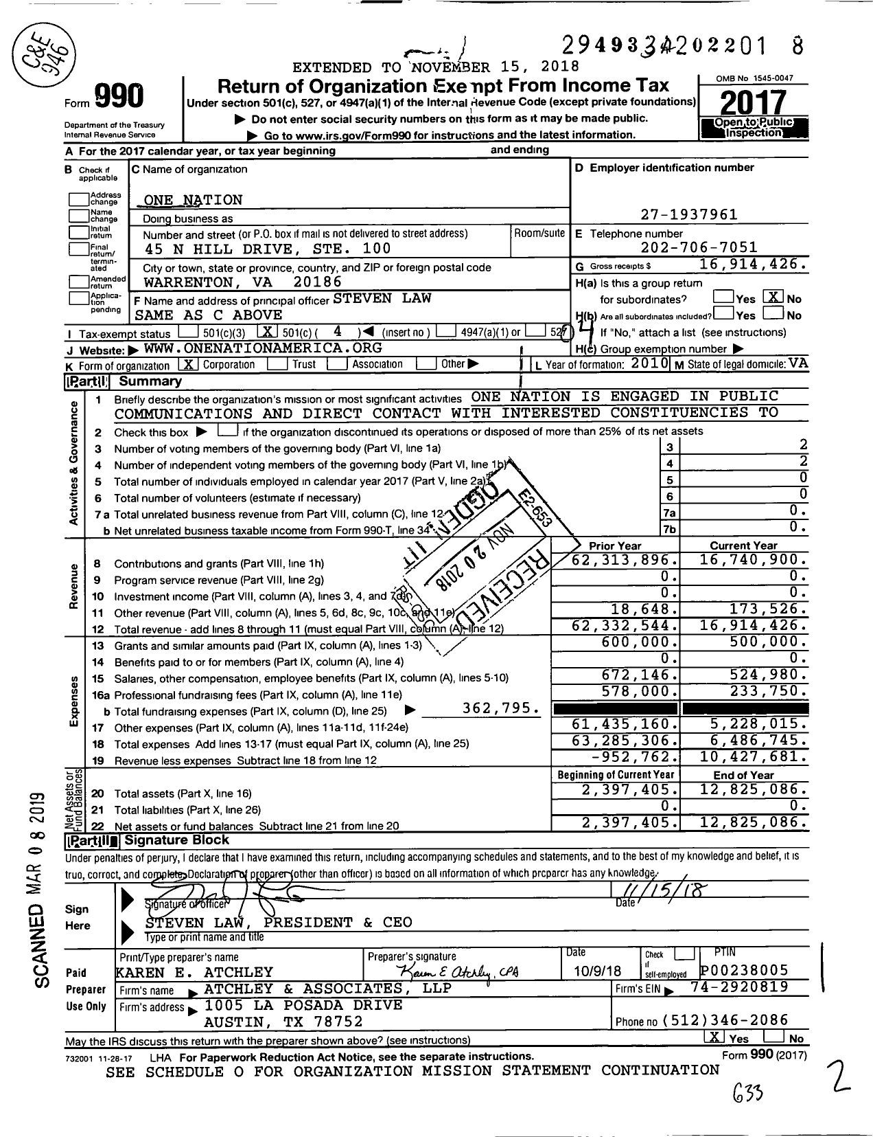 Image of first page of 2017 Form 990O for One Nation