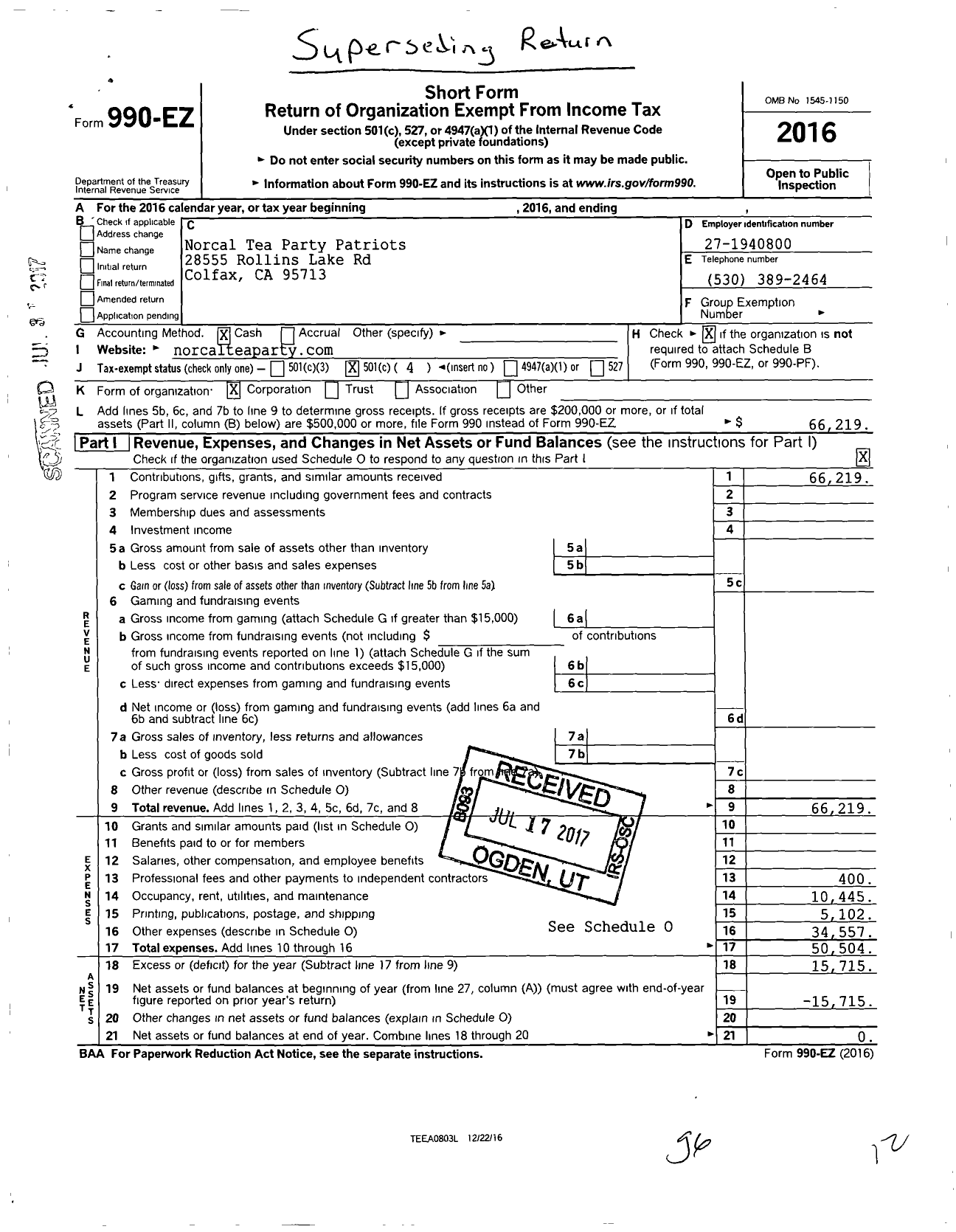 Image of first page of 2016 Form 990EO for Norcal Tea Party Patriots