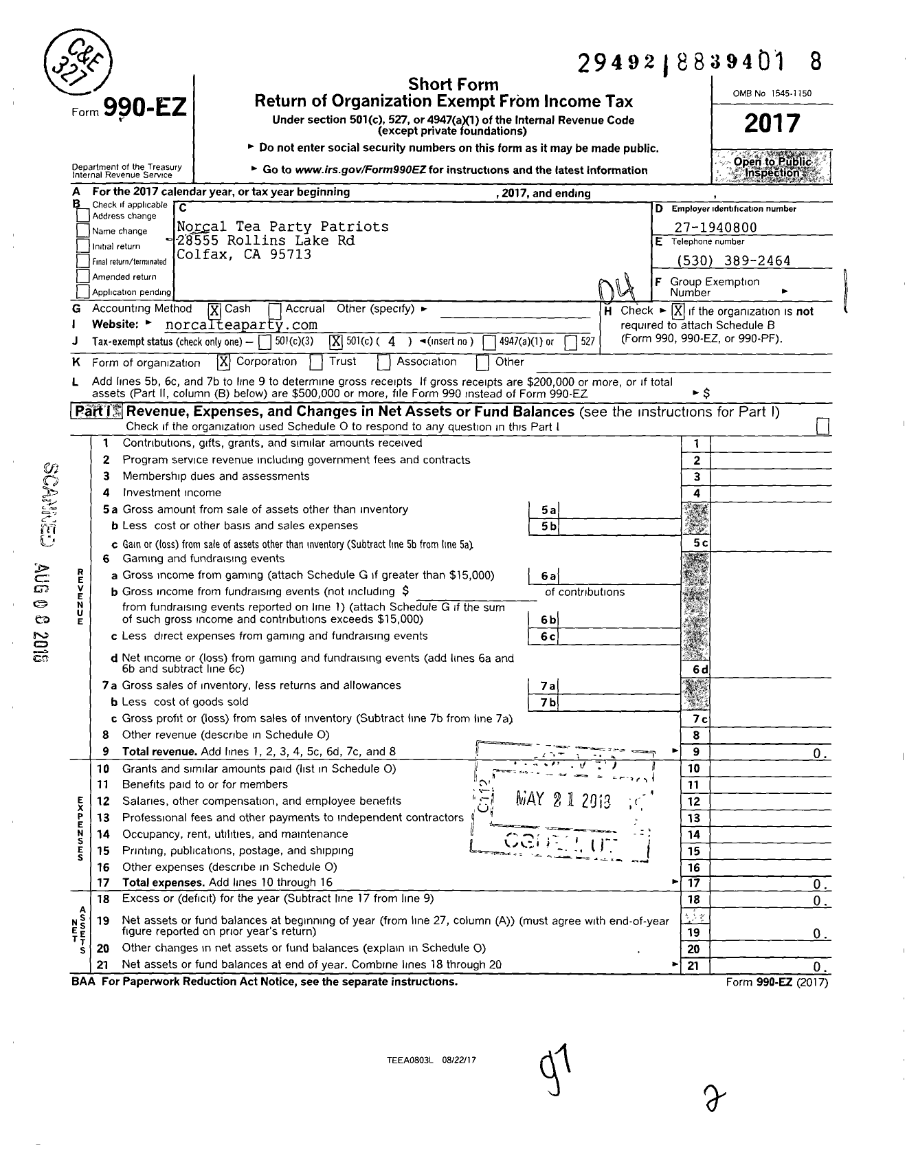 Image of first page of 2017 Form 990EO for Norcal Tea Party Patriots