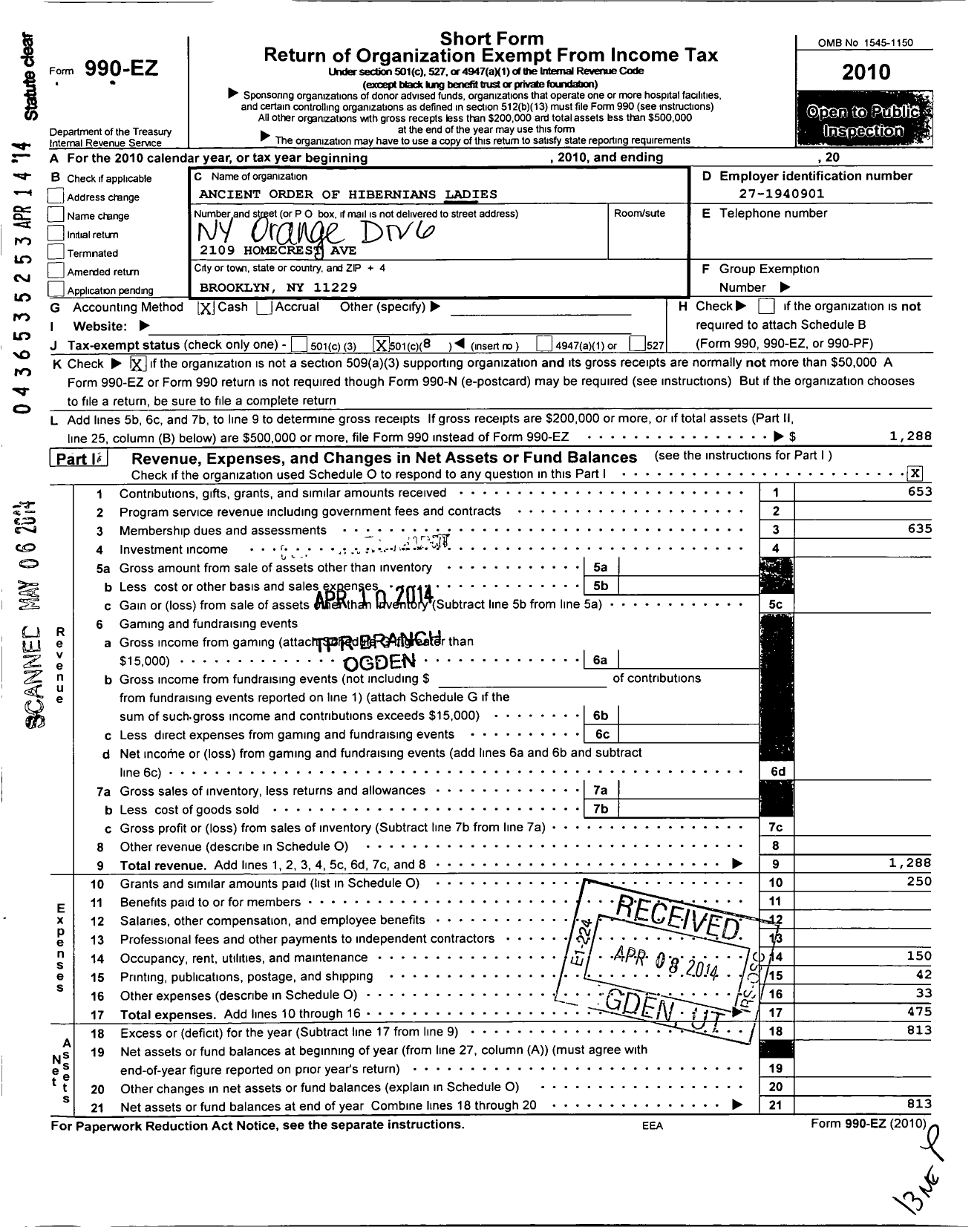 Image of first page of 2010 Form 990EO for Ladies Ancient Order of Hibernians / Division 6 Saint Ita