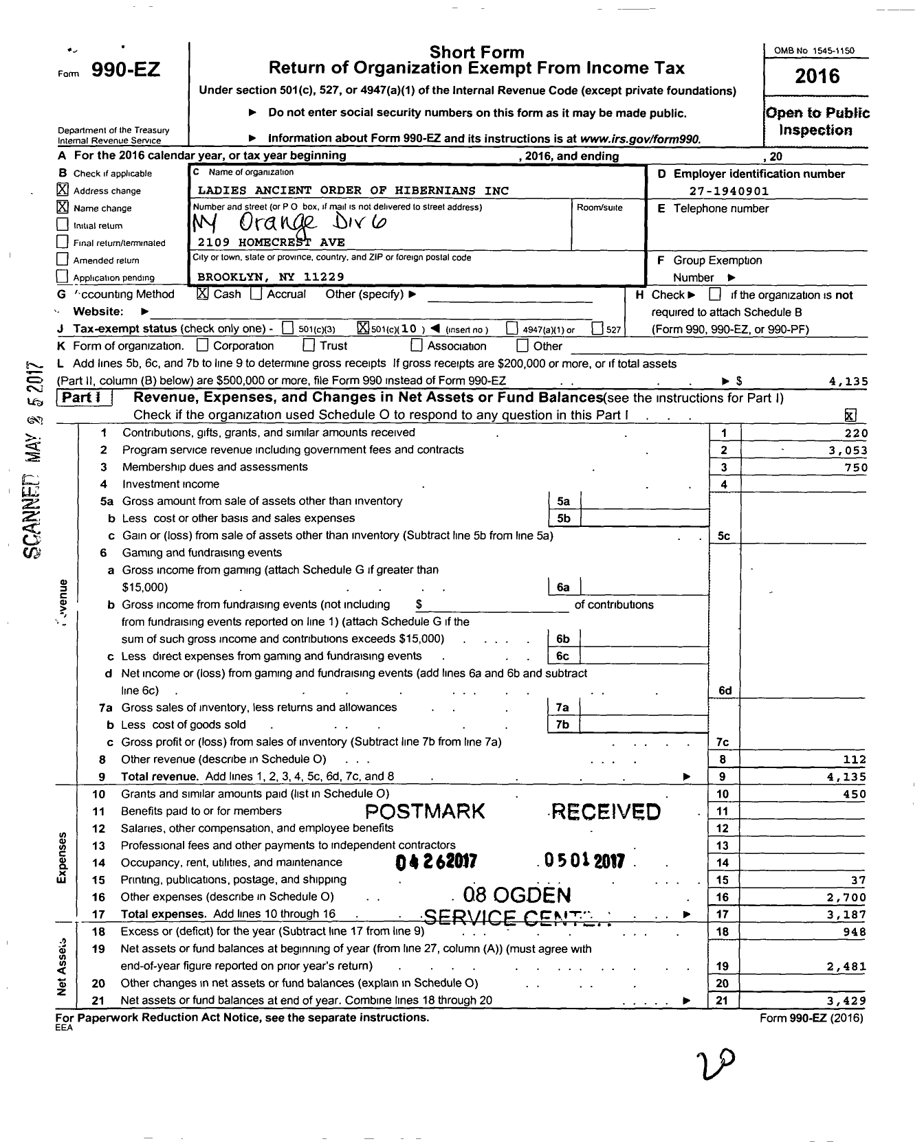 Image of first page of 2016 Form 990EO for Ladies Ancient Order of Hibernians / Division 6 Saint Ita