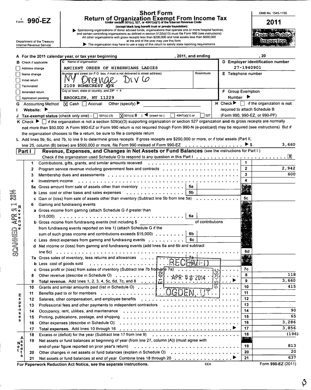 Image of first page of 2011 Form 990EO for Ladies Ancient Order of Hibernians / Division 6 Saint Ita