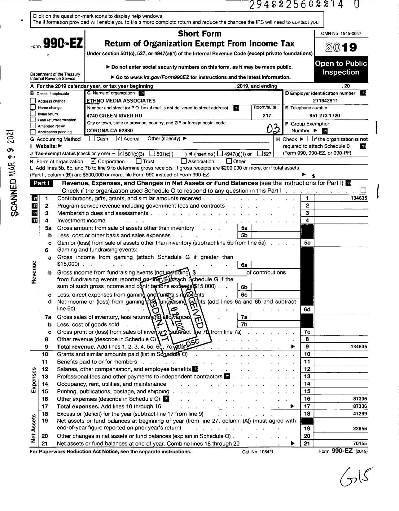 Image of first page of 2019 Form 990EZ for Ethno Media Associates