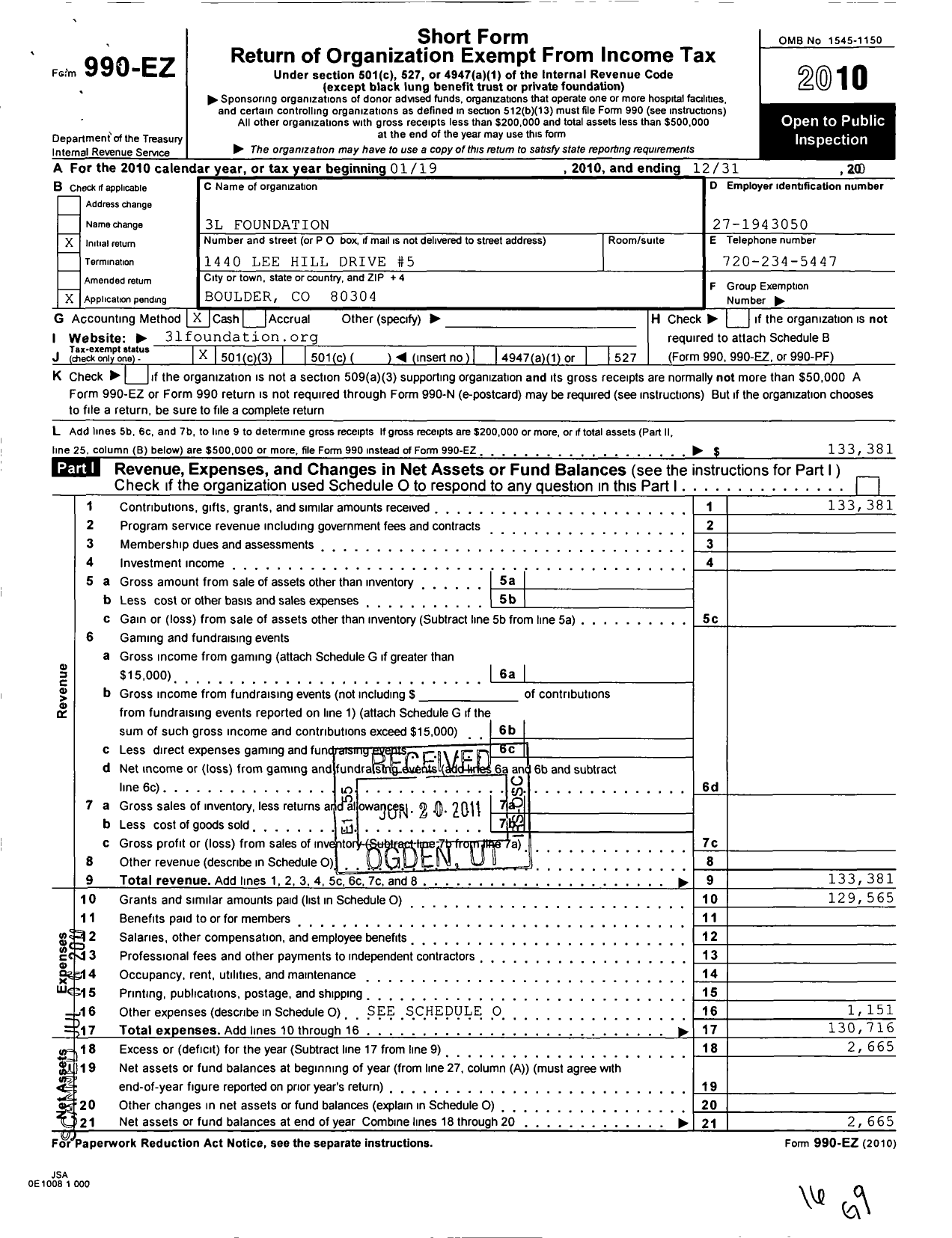 Image of first page of 2010 Form 990EZ for 3L Foundation