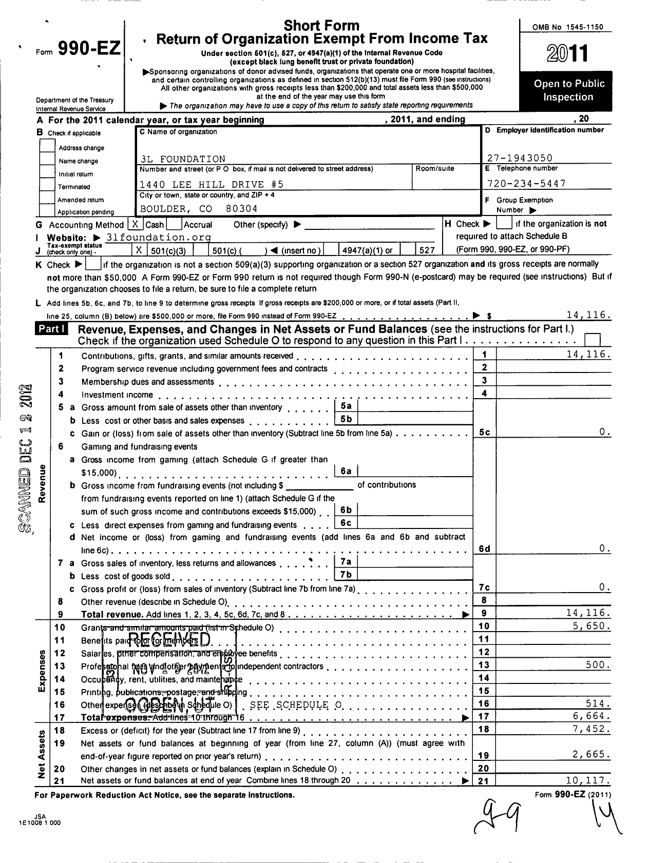 Image of first page of 2011 Form 990EZ for 3L Foundation