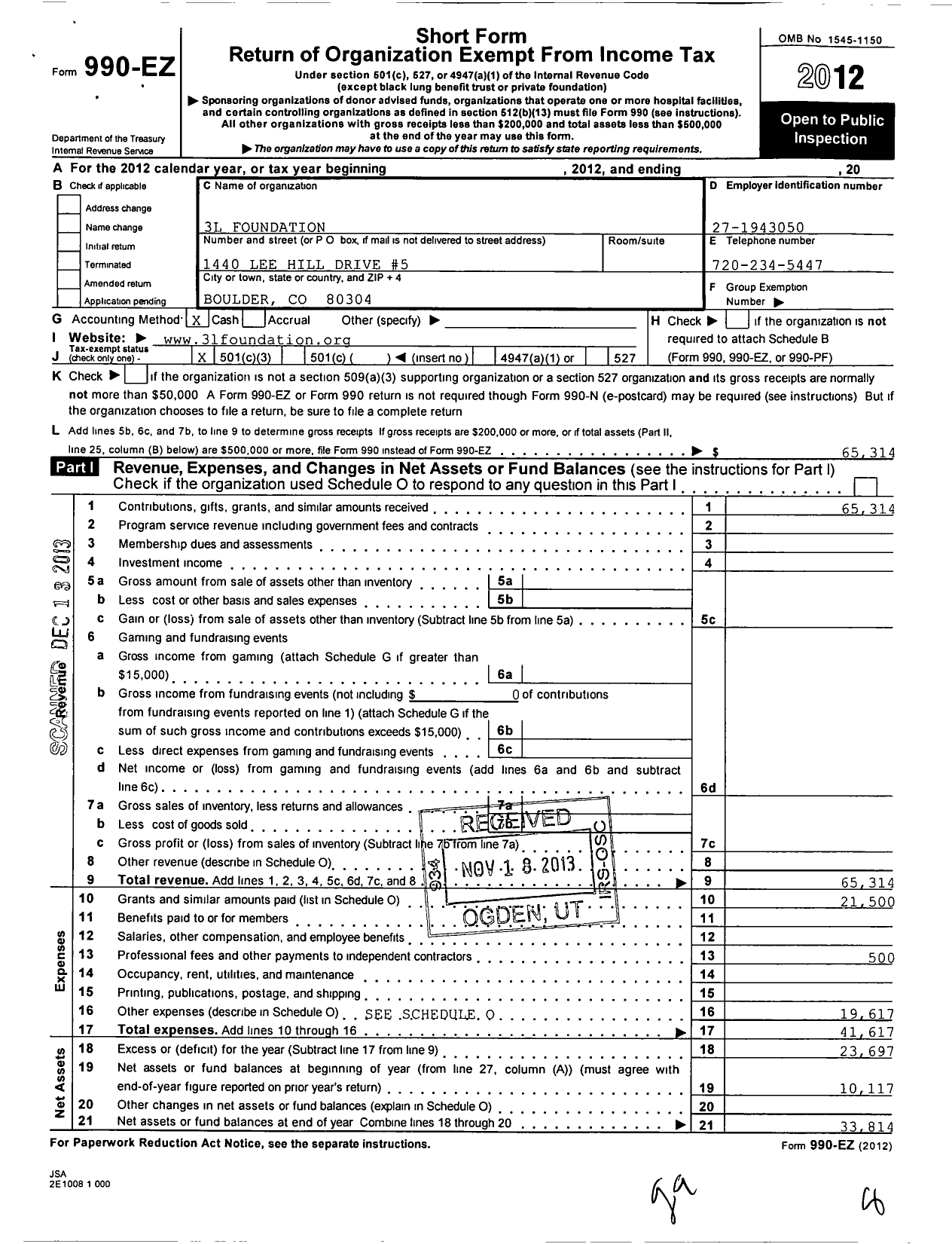 Image of first page of 2012 Form 990EZ for 3L Foundation