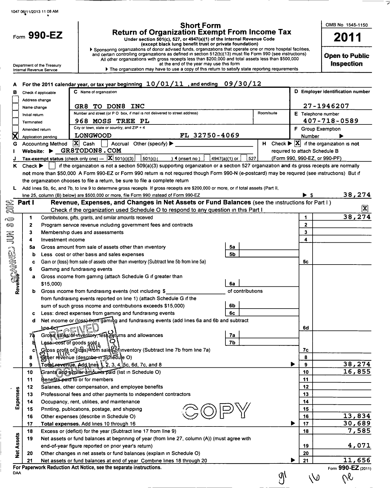Image of first page of 2011 Form 990EZ for GR8 To Don8