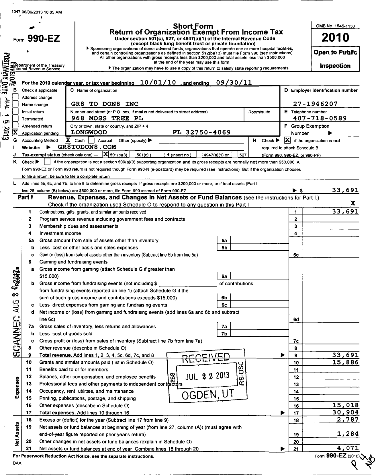 Image of first page of 2010 Form 990EZ for GR8 To Don8