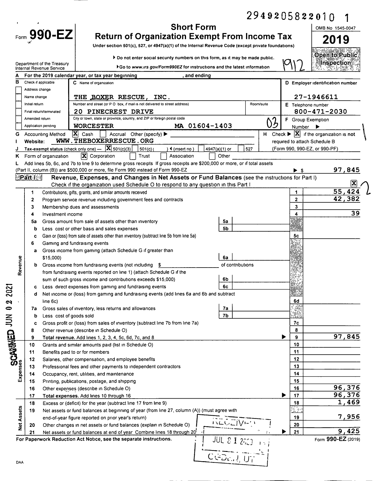 Image of first page of 2019 Form 990EZ for The Boxer Rescue