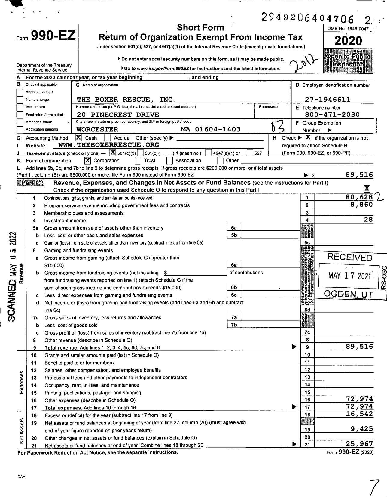 Image of first page of 2020 Form 990EZ for The Boxer Rescue