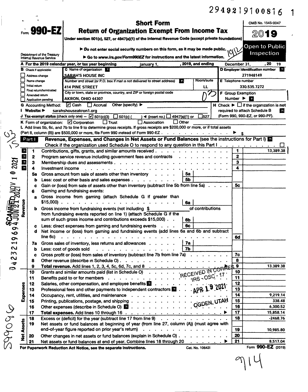 Image of first page of 2019 Form 990EZ for Sarahs House