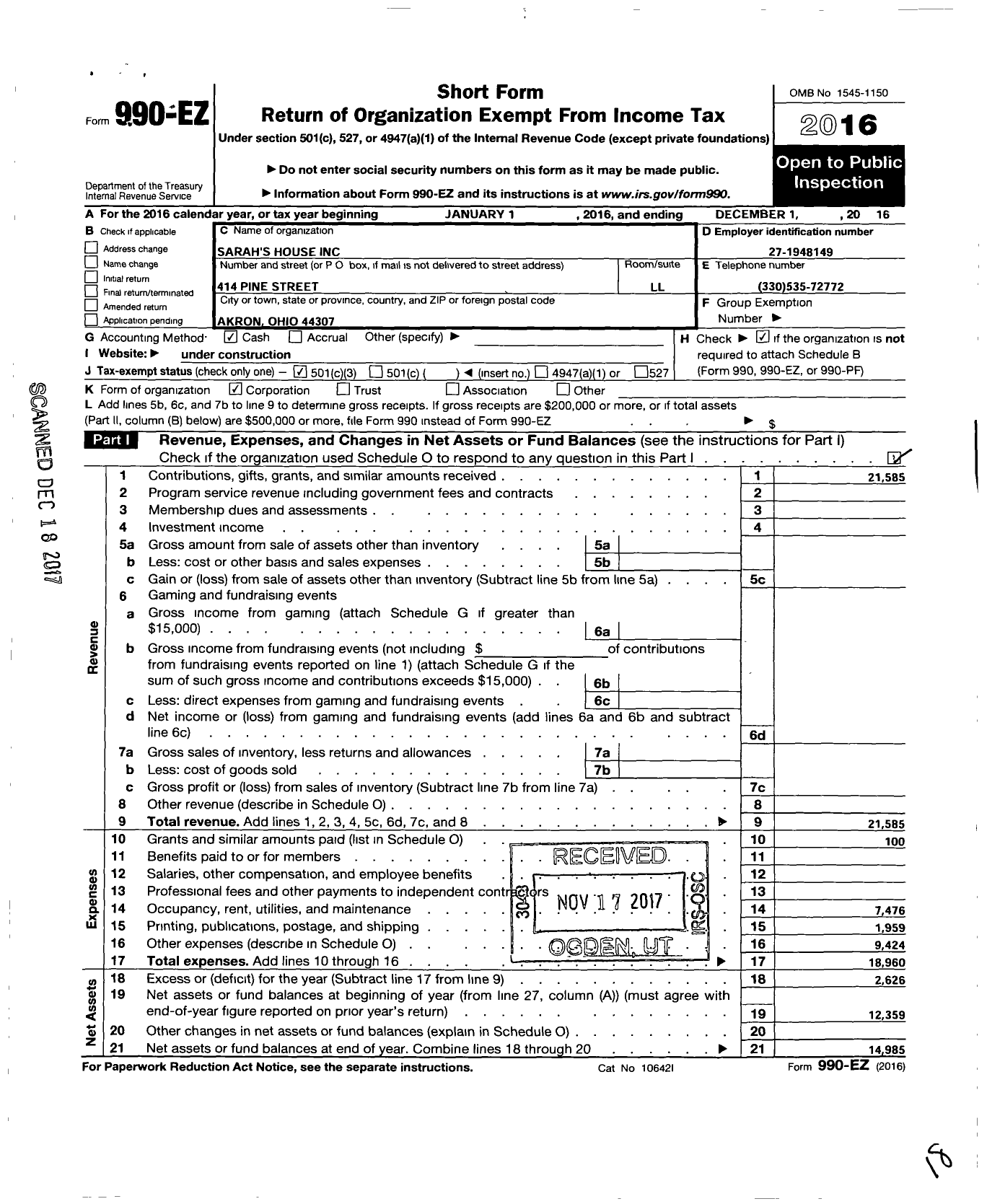 Image of first page of 2016 Form 990EZ for Sarahs House