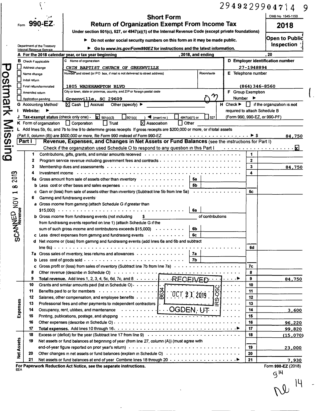 Image of first page of 2018 Form 990EZ for Chin Baptist Chruch of Greenville