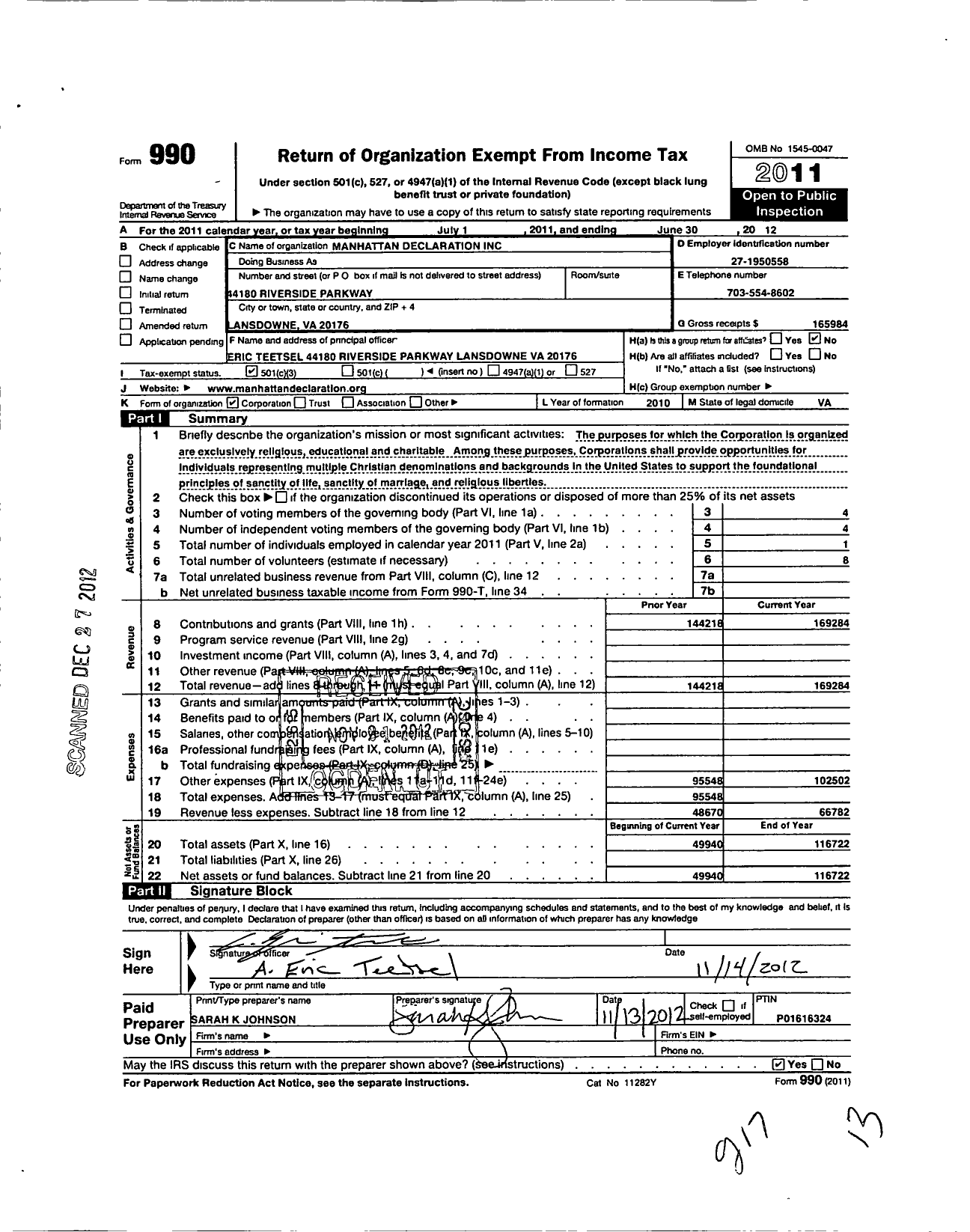 Image of first page of 2011 Form 990 for Manhattan Declaration