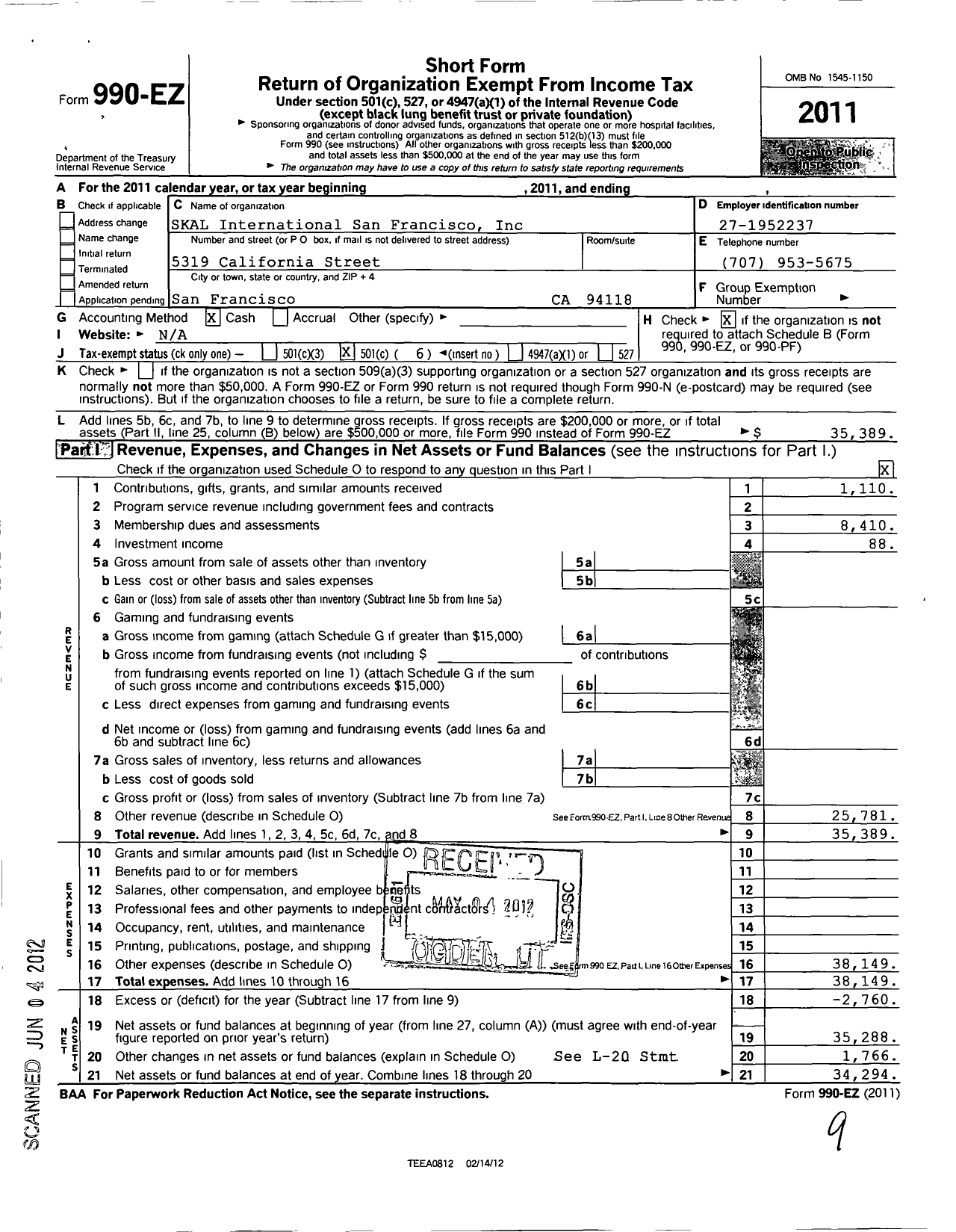 Image of first page of 2011 Form 990EO for Skal International San Francisco