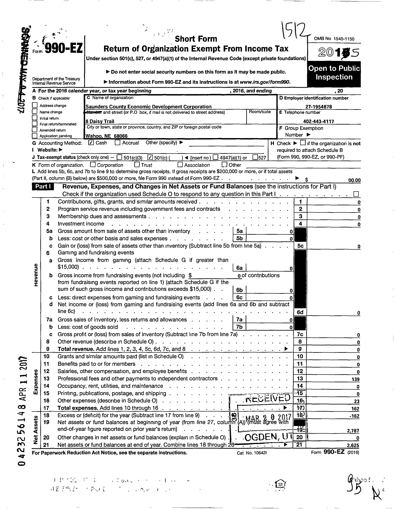 Image of first page of 2015 Form 990EO for Saunders County Economic Development Corporation