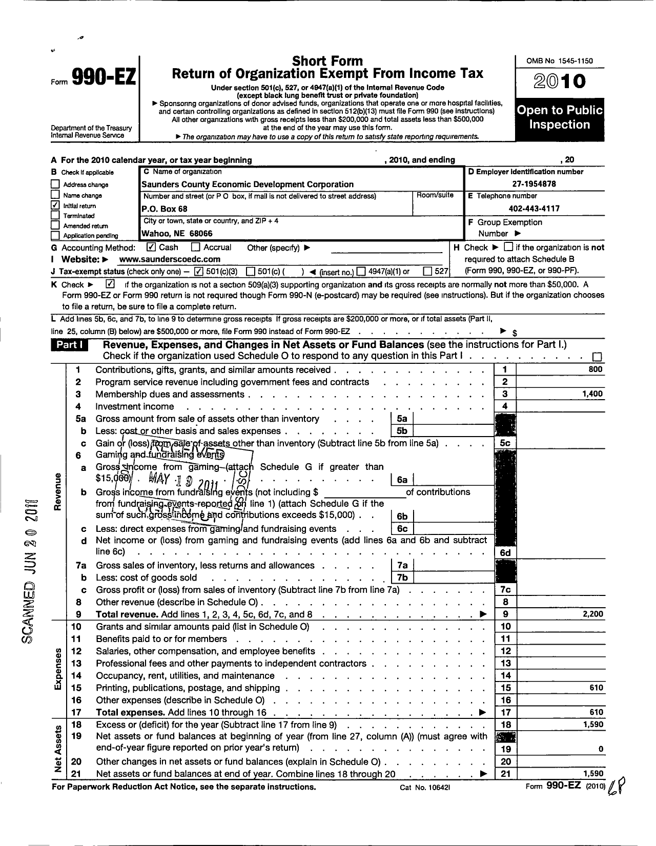 Image of first page of 2010 Form 990EZ for Saunders County Economic Development Corporation