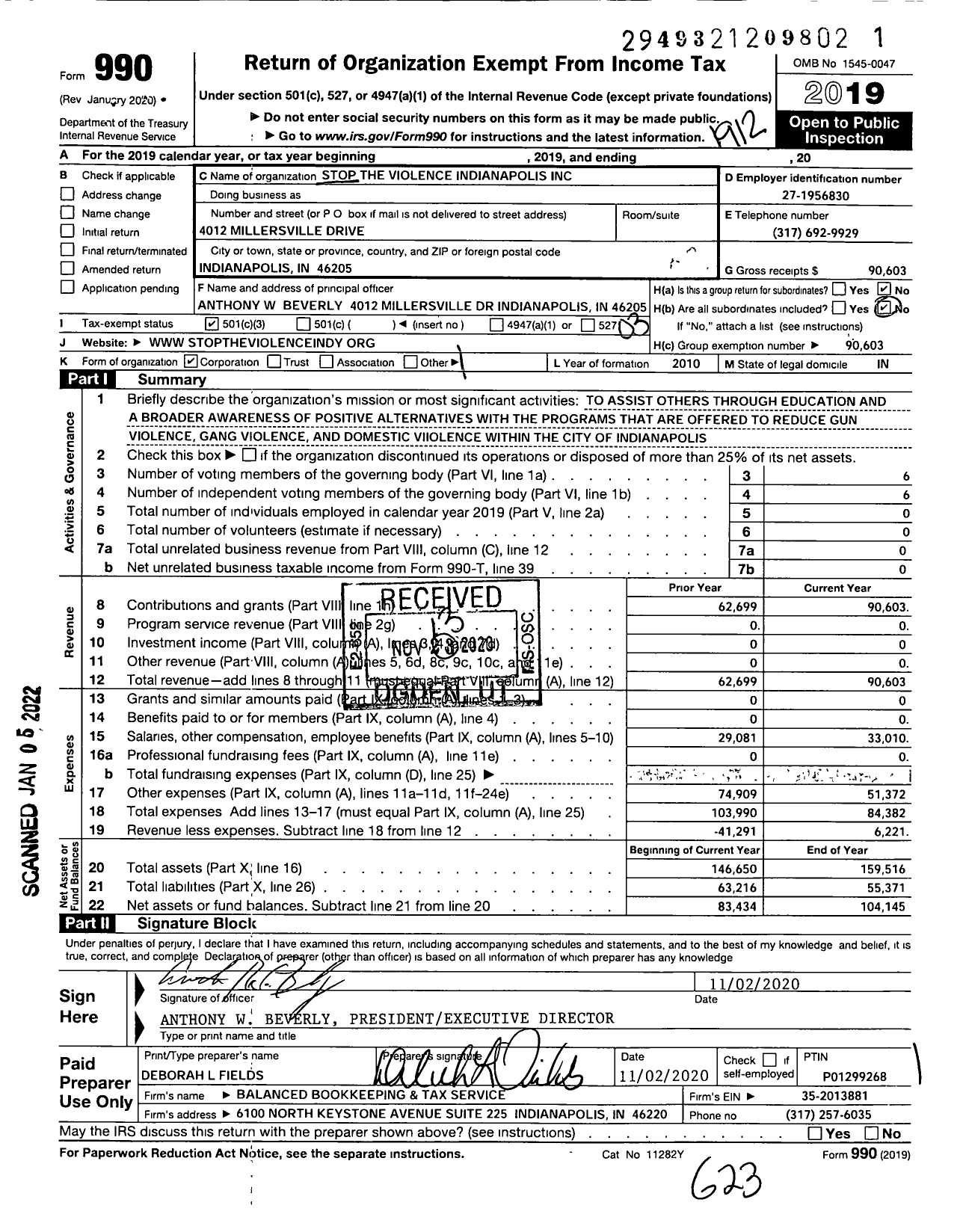 Image of first page of 2019 Form 990 for Stop the Violence Indianapolis