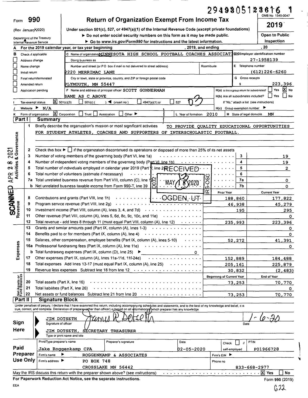 Image of first page of 2019 Form 990 for Minnesota Football Coaches Association