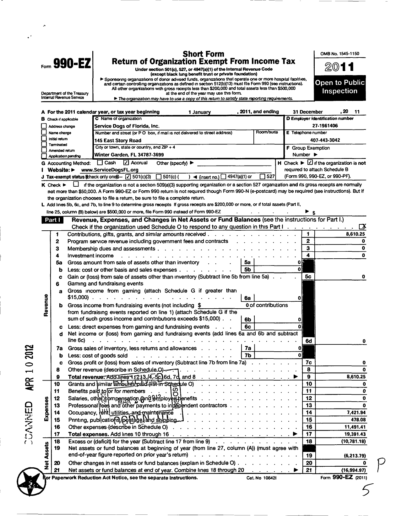 Image of first page of 2011 Form 990EZ for Service Dogs of Florida