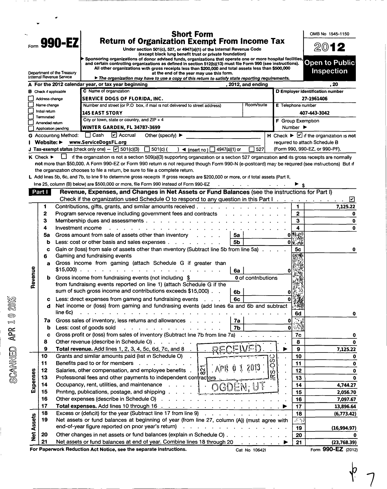 Image of first page of 2012 Form 990EZ for Service Dogs of Florida