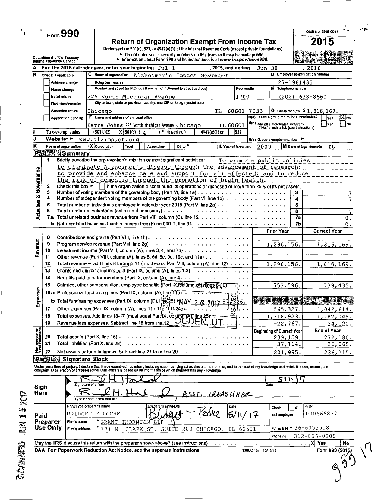 Image of first page of 2015 Form 990O for Alzheimer's Impact Movement