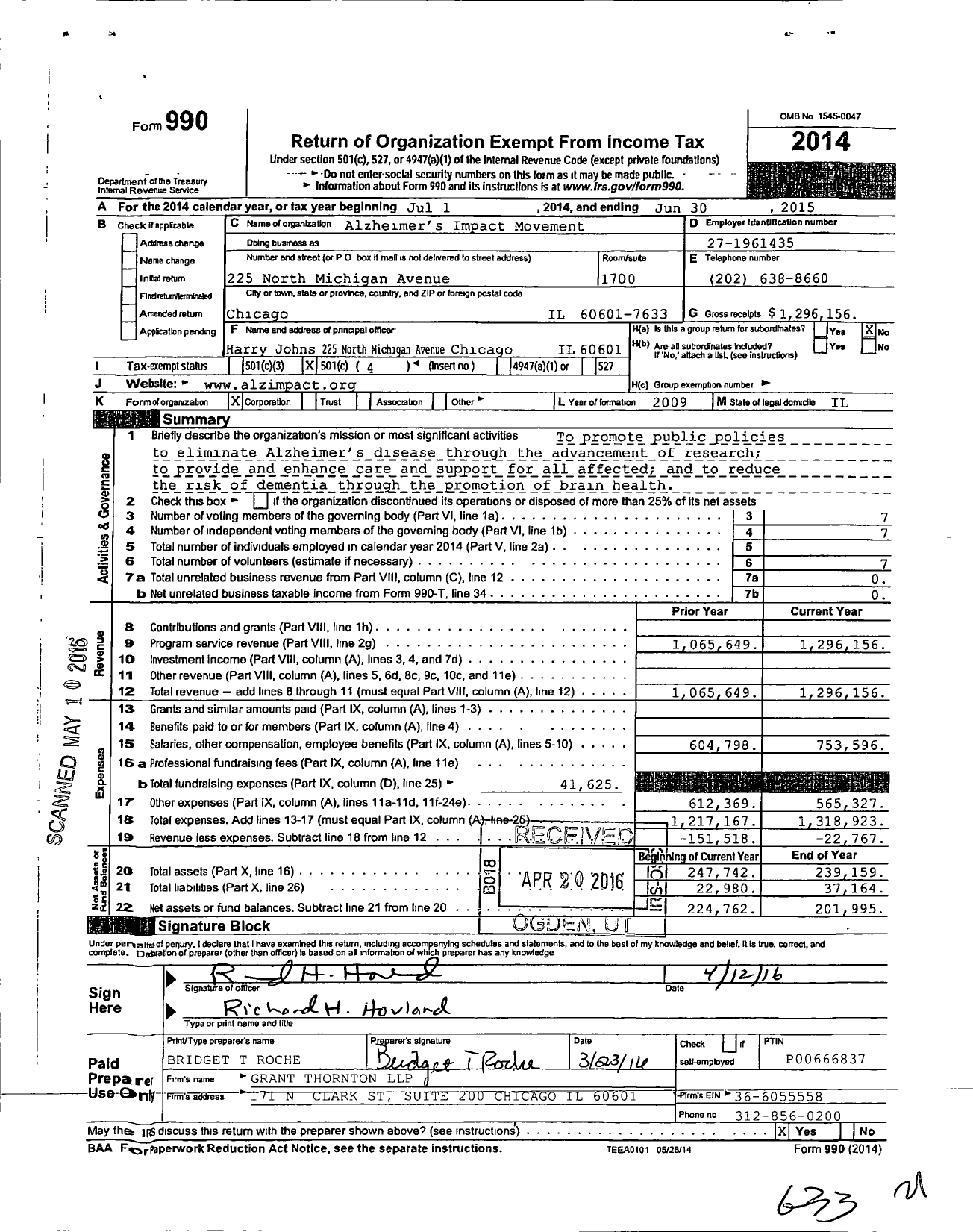 Image of first page of 2014 Form 990O for Alzheimer's Impact Movement