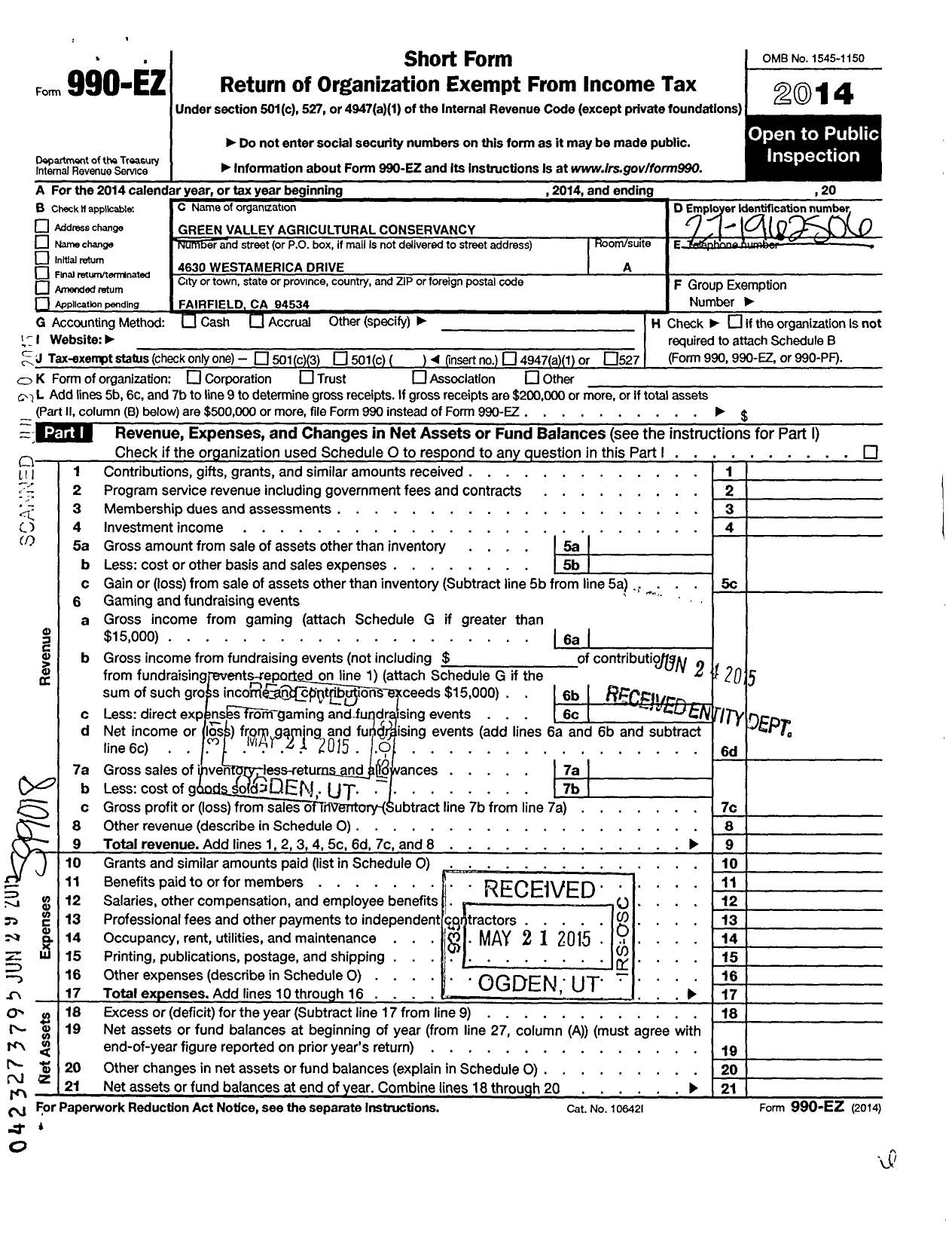 Image of first page of 2014 Form 990EO for Green Valley Agricultural Conservancy