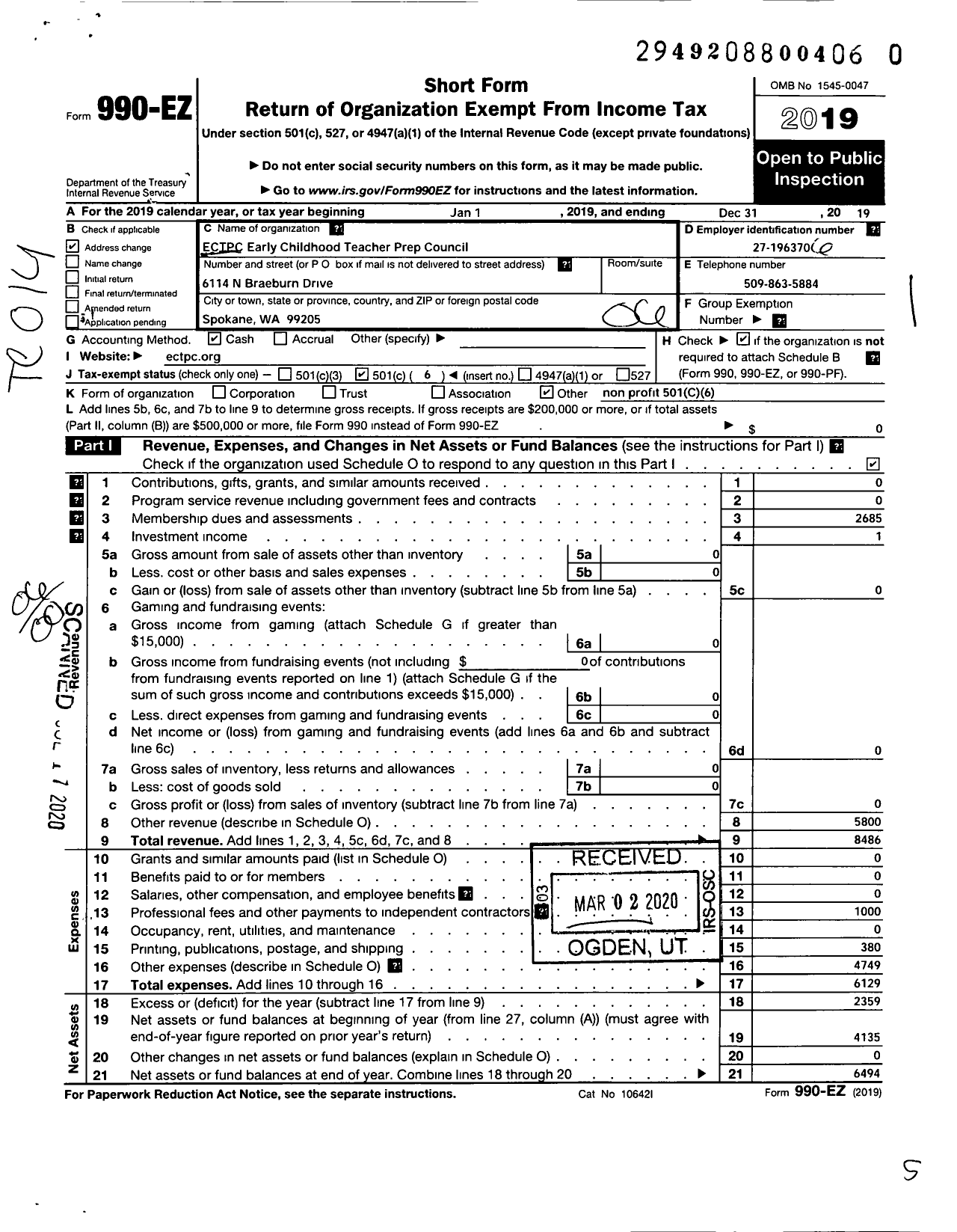 Image of first page of 2019 Form 990EO for Ectpc - Early Childhood Teachers Preparation Council