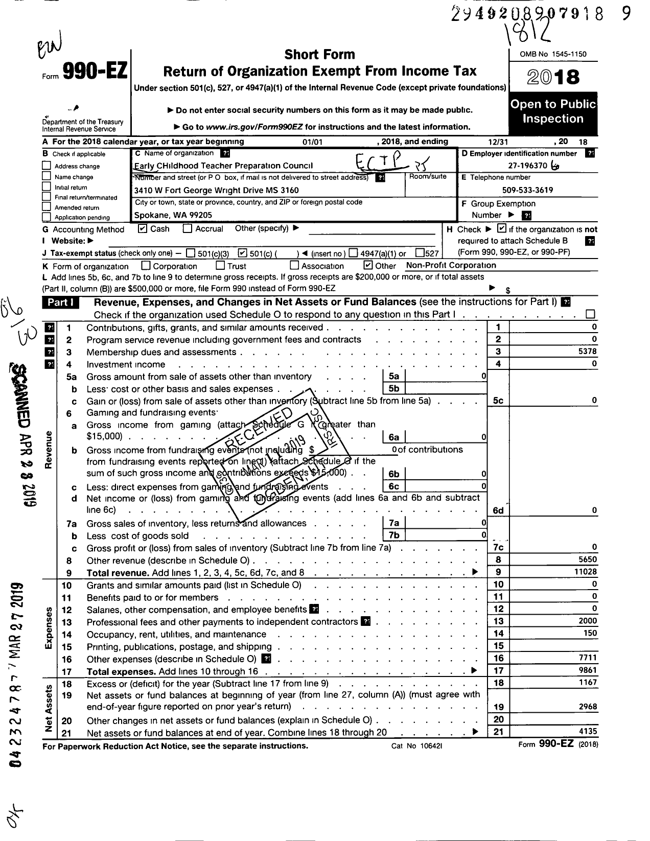 Image of first page of 2018 Form 990EO for Ectpc - Early Childhood Teachers Preparation Council