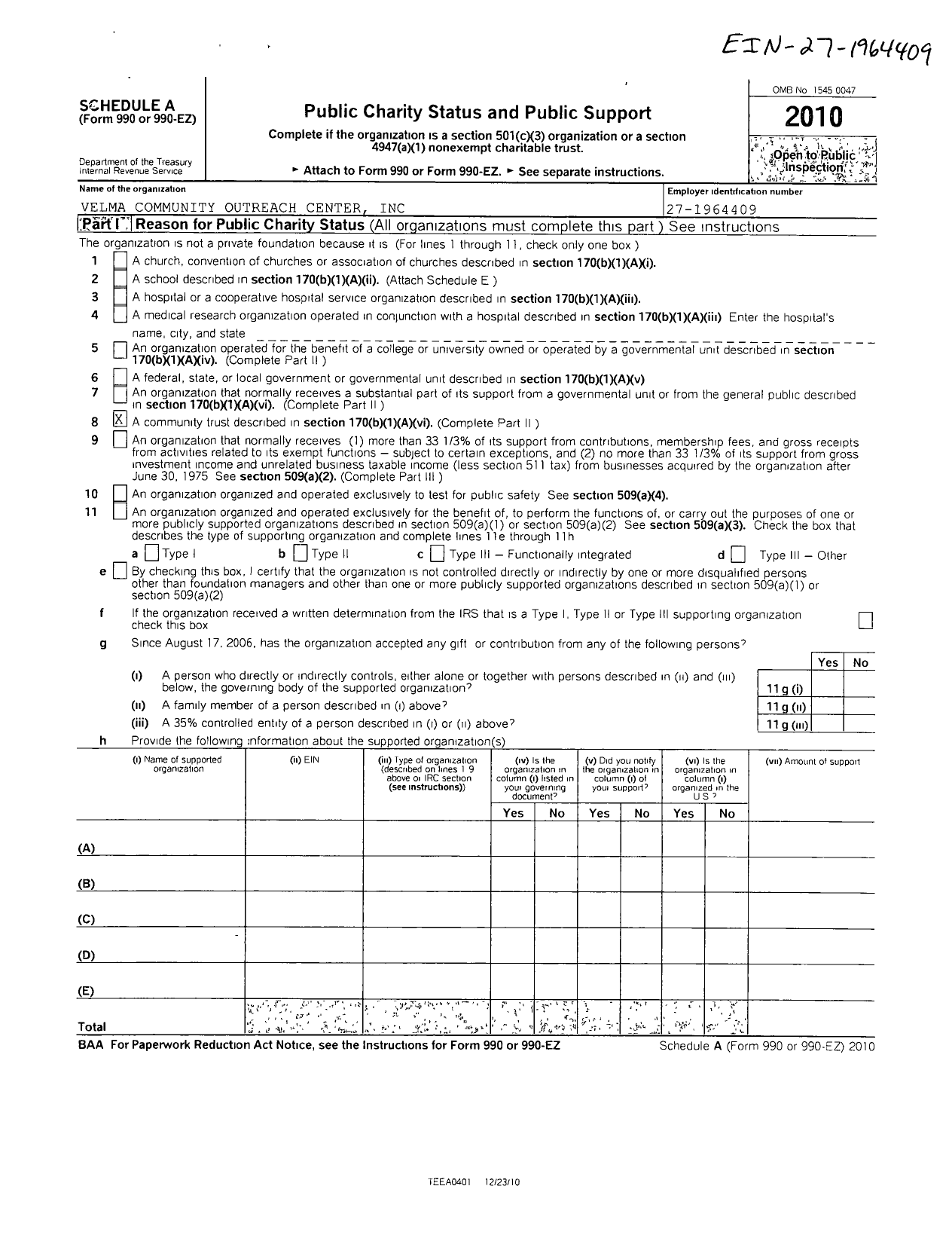 Image of first page of 2010 Form 990ER for Velma Community Outreach Center