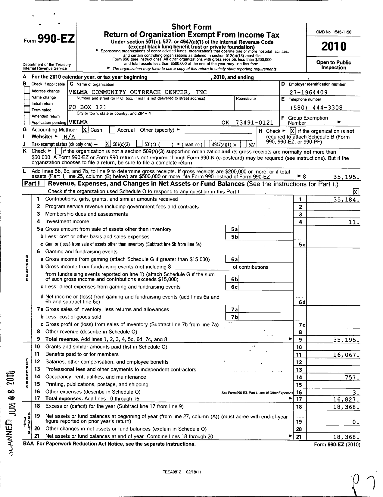 Image of first page of 2010 Form 990EZ for Velma Community Outreach Center