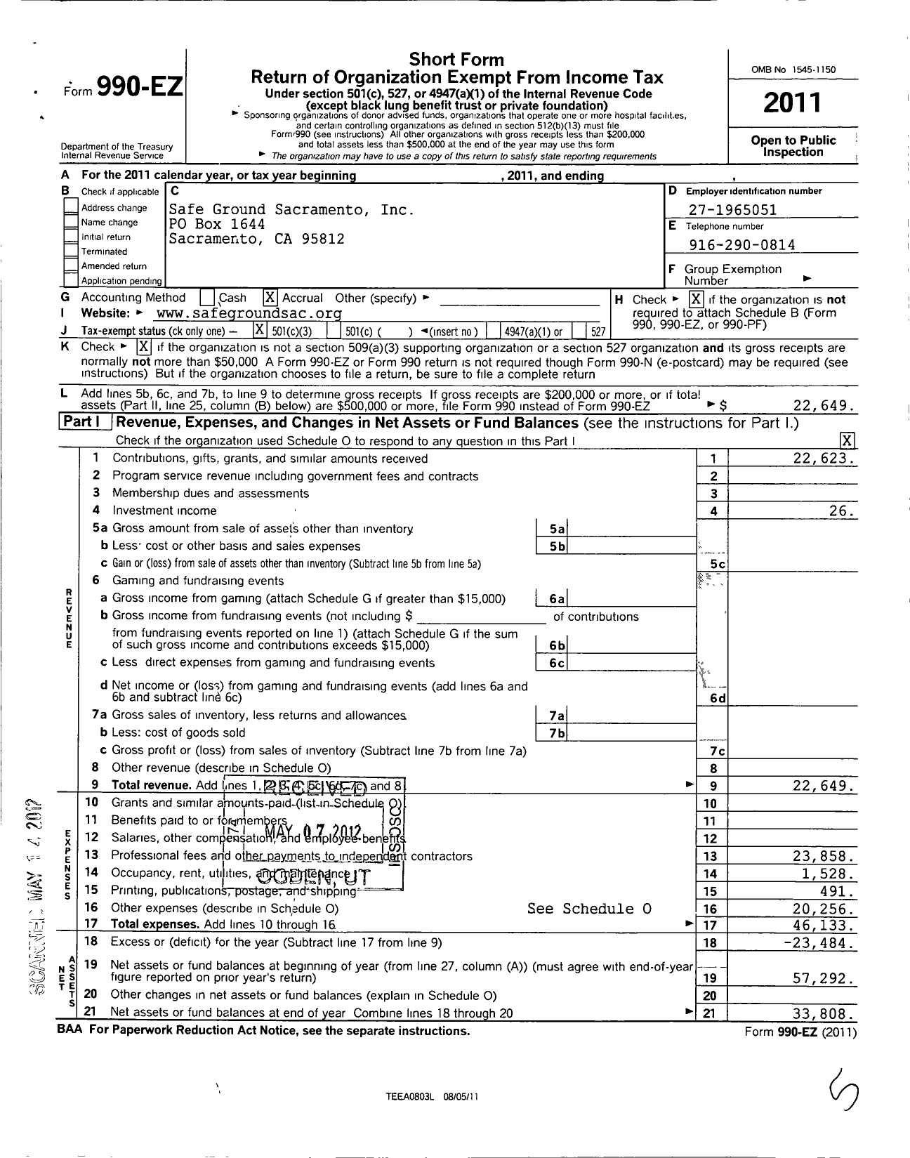 Image of first page of 2011 Form 990EZ for Safe Ground Sacramento