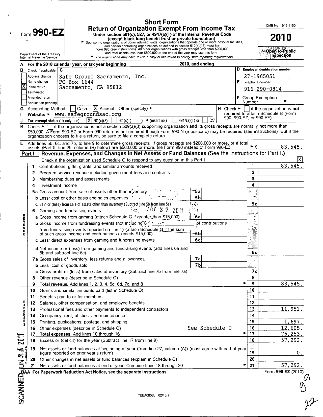 Image of first page of 2010 Form 990EZ for Safe Ground Sacramento