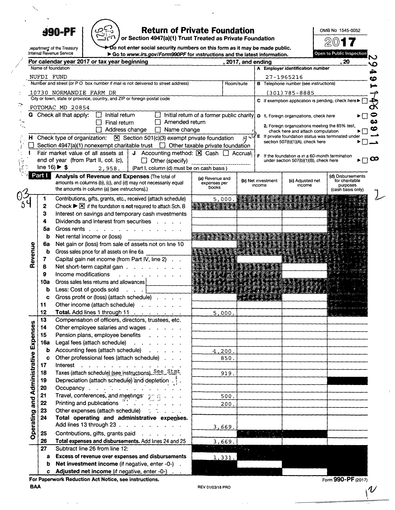 Image of first page of 2017 Form 990PF for Nufdi Fund