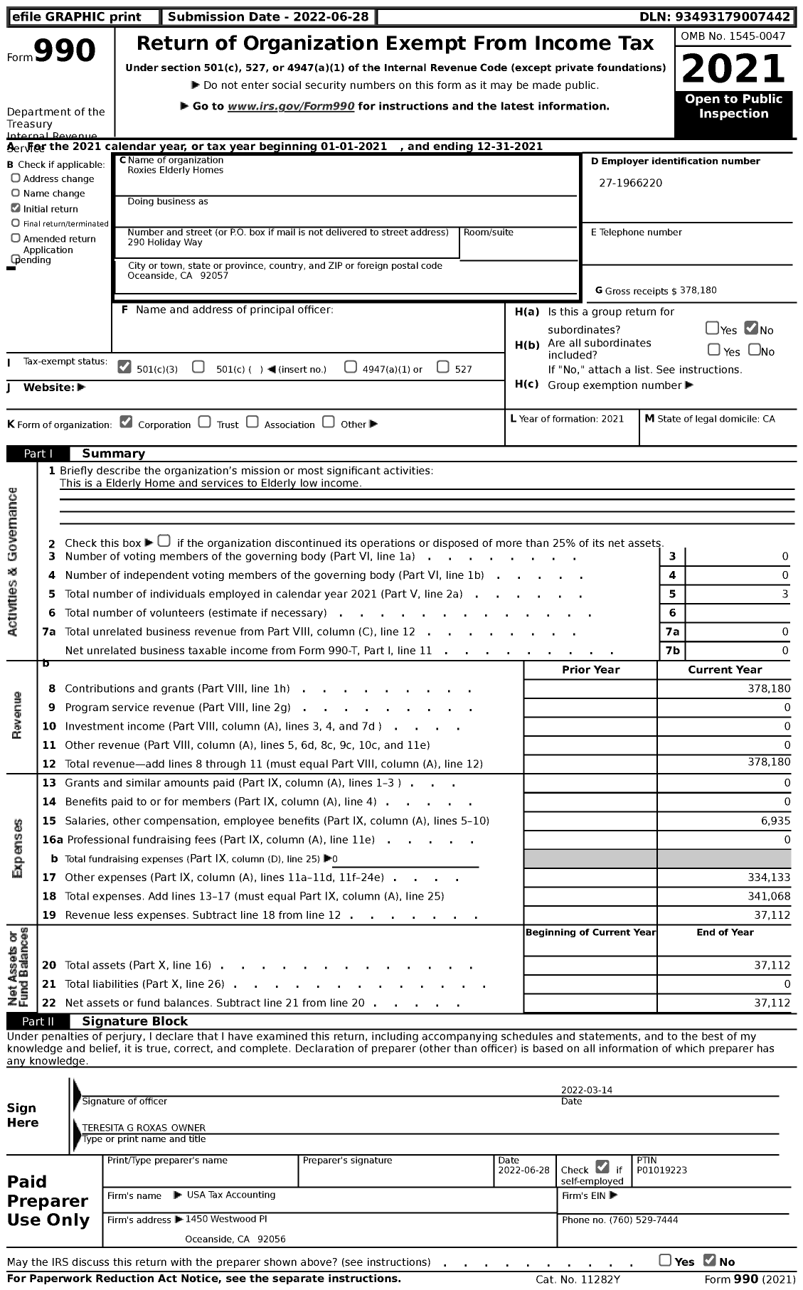 Image of first page of 2021 Form 990 for Roxies Elderly Homes