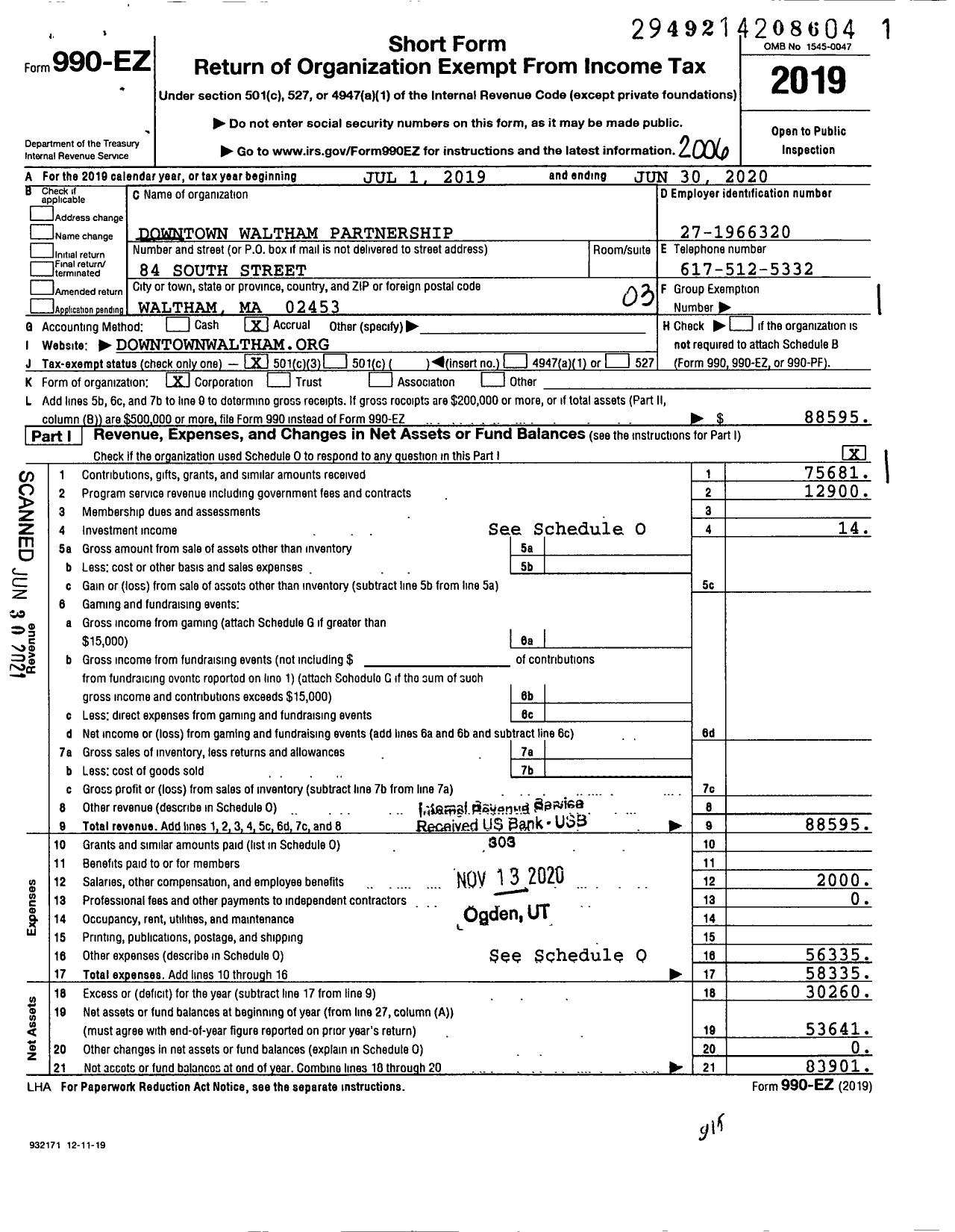 Image of first page of 2019 Form 990EZ for Downtown Waltham Partnership