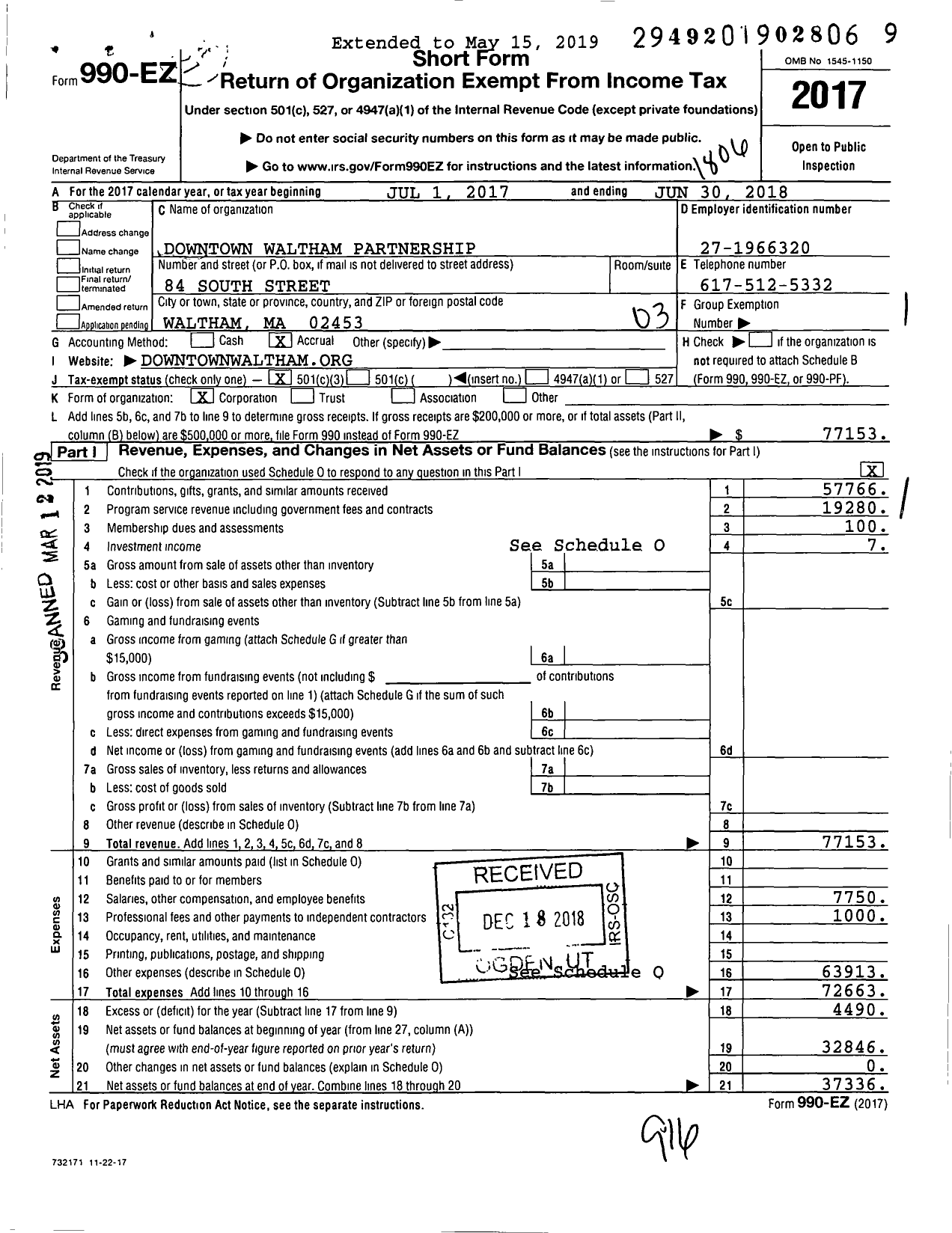 Image of first page of 2017 Form 990EZ for Downtown Waltham Partnership