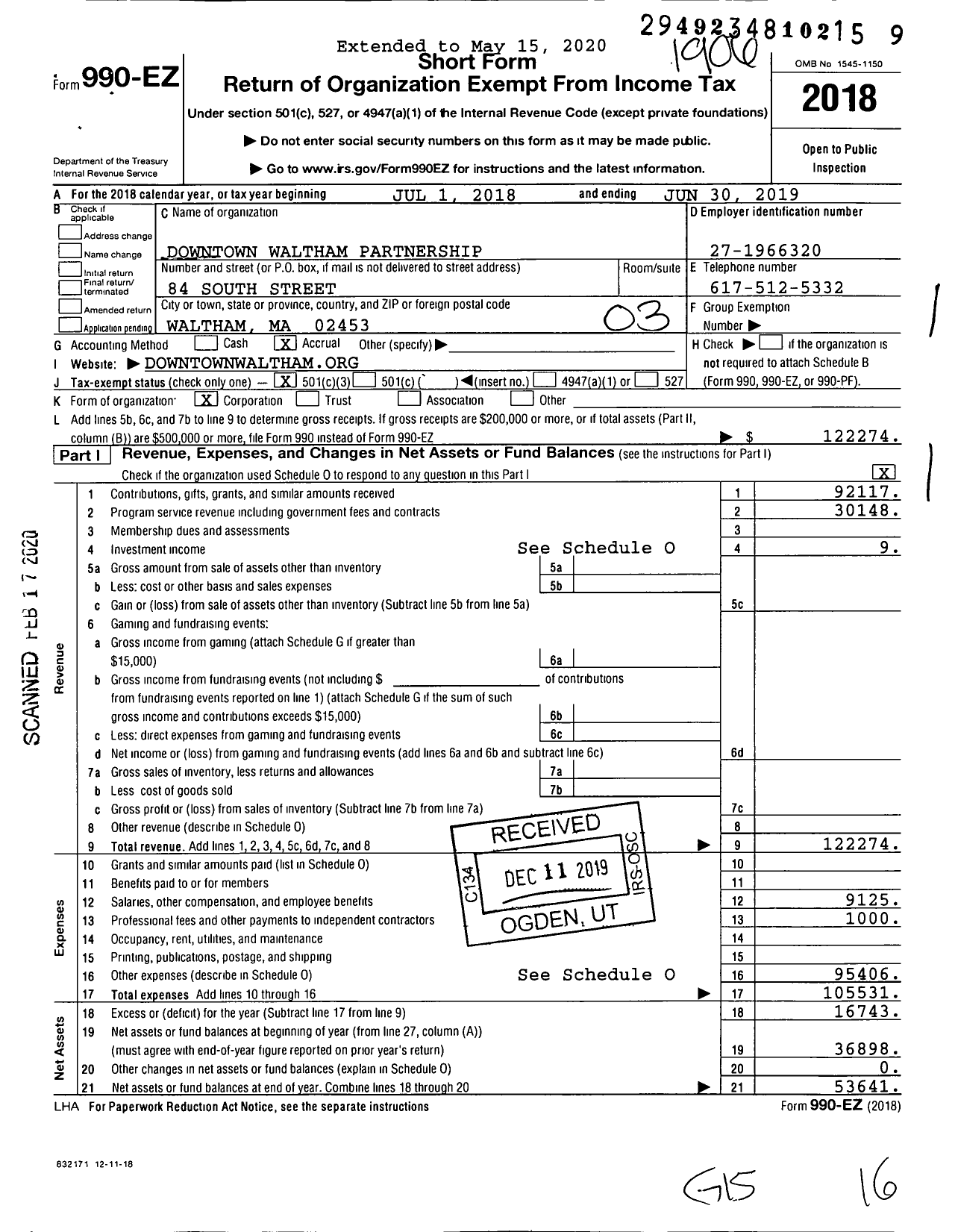 Image of first page of 2018 Form 990EZ for Downtown Waltham Partnership