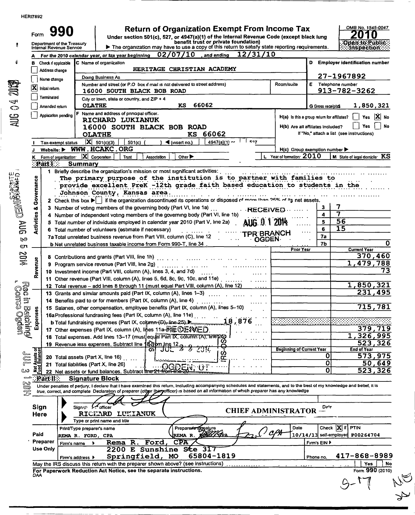 Image of first page of 2010 Form 990 for Heritage Christian Academy