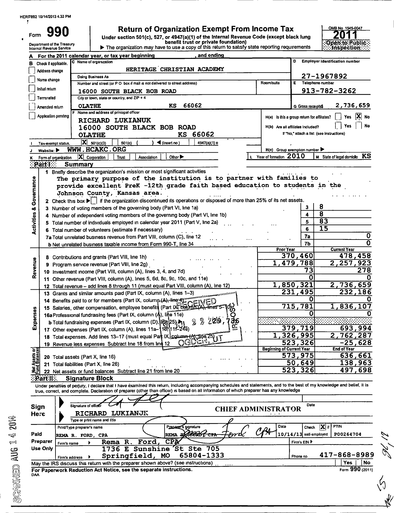 Image of first page of 2011 Form 990 for Heritage Christian Academy