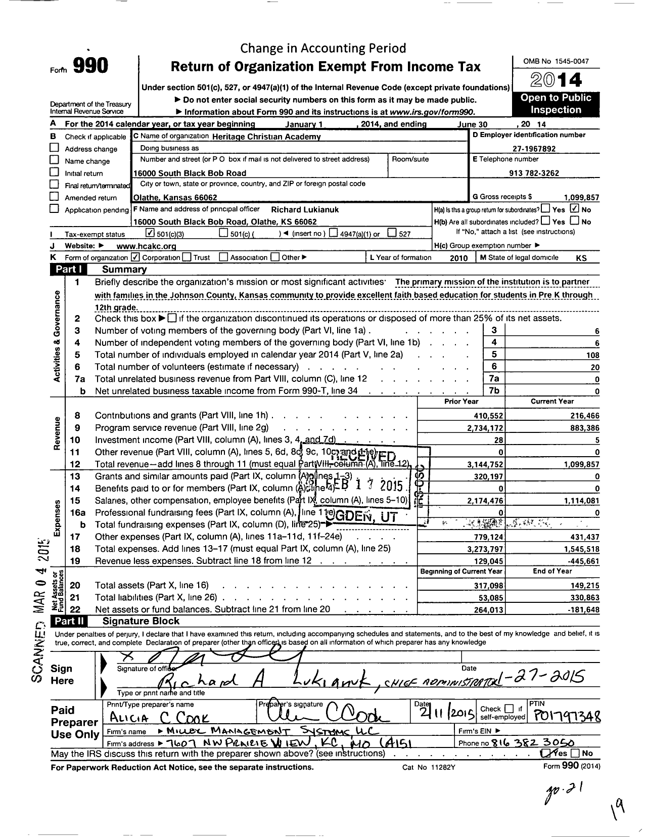 Image of first page of 2013 Form 990 for Heritage Christian Academy
