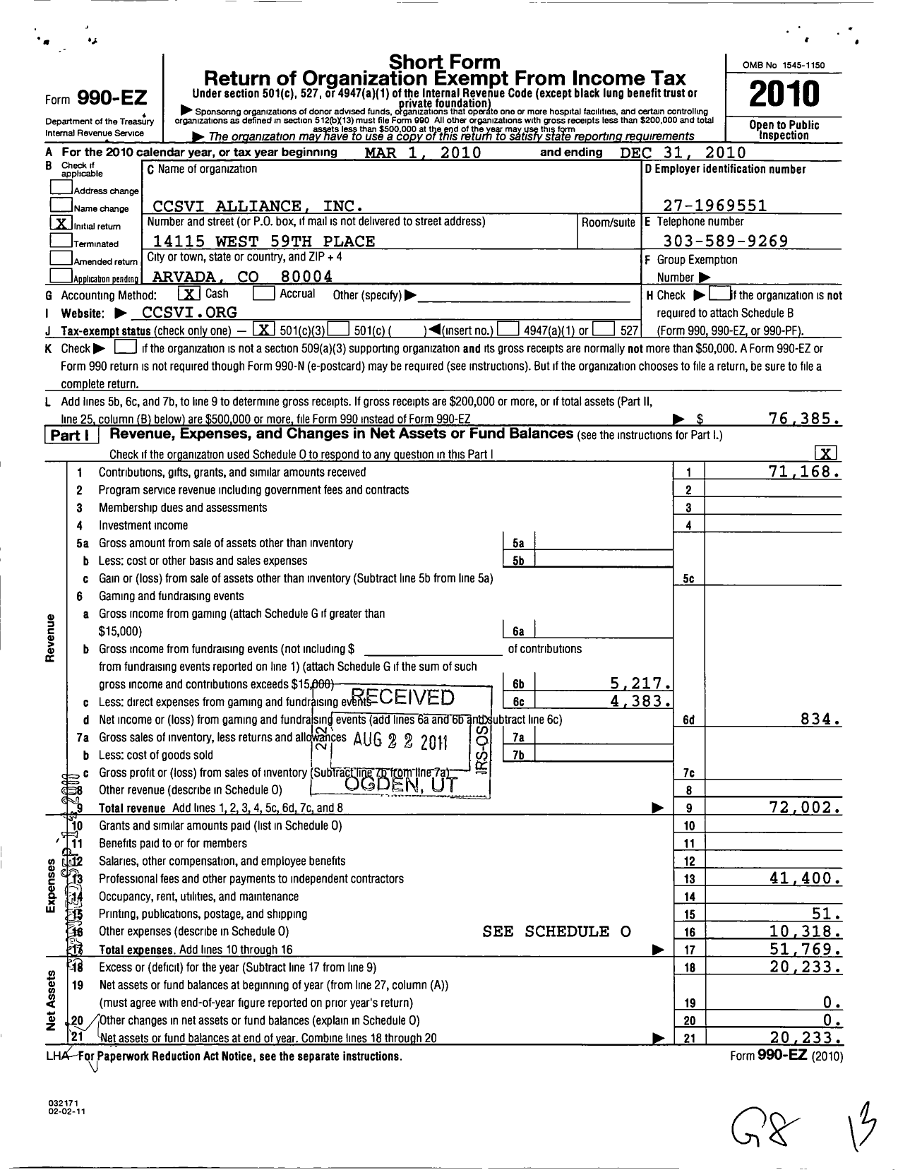 Image of first page of 2010 Form 990EZ for Ccsvi Alliance