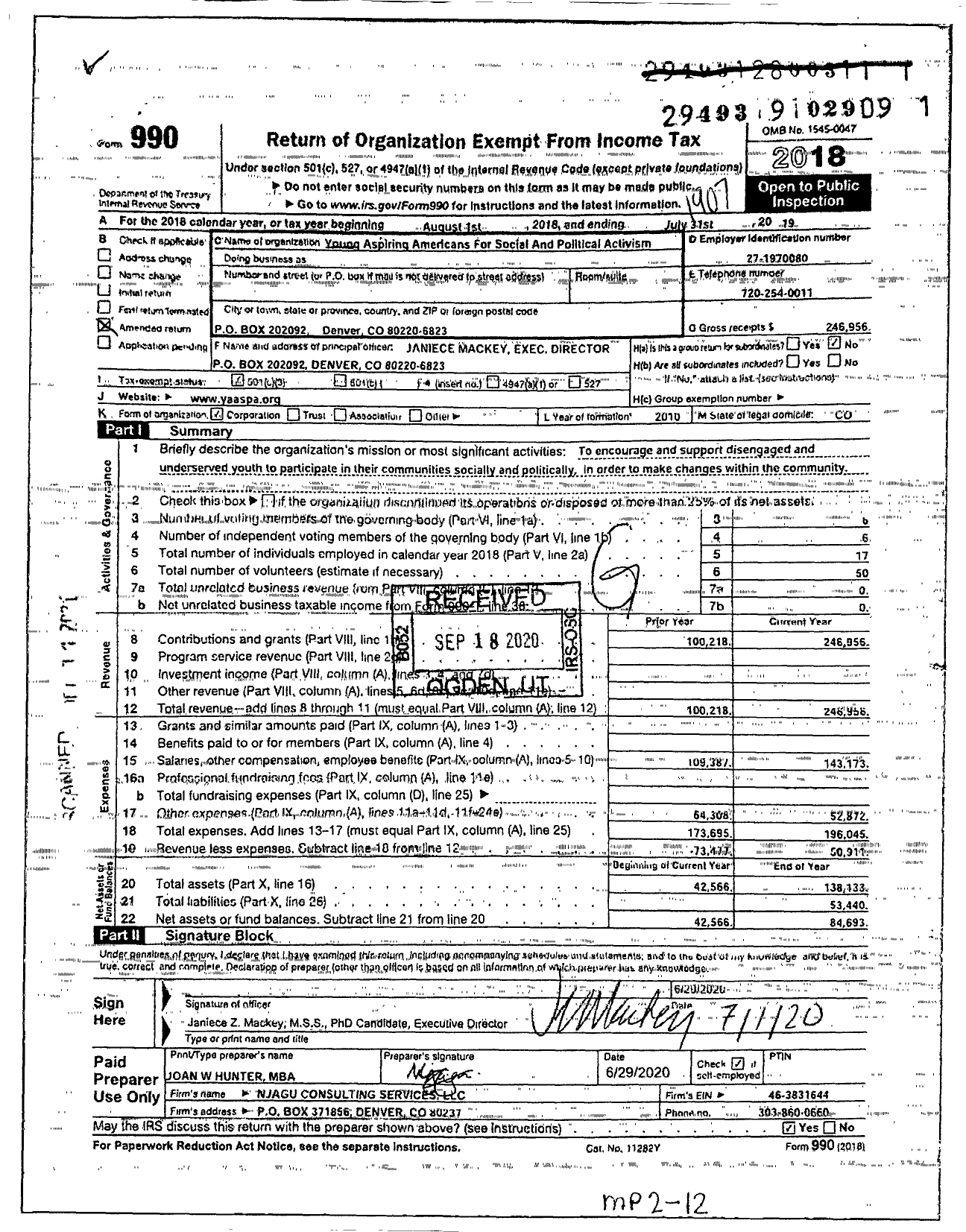 Image of first page of 2018 Form 990 for Young Aspiring Americans for Social and Political Activism