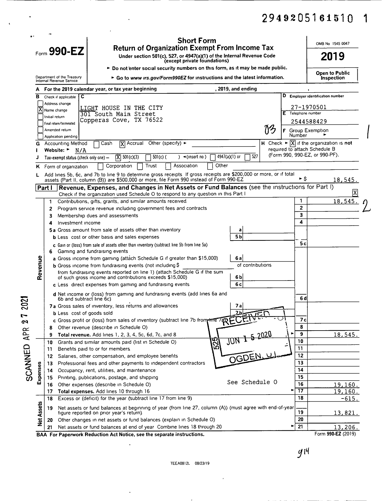 Image of first page of 2019 Form 990EZ for Light House in The City