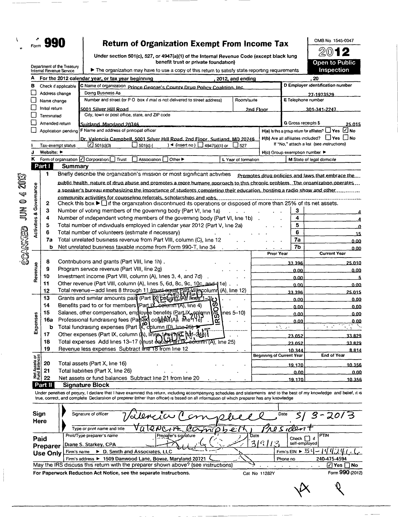 Image of first page of 2012 Form 990 for Prince Georges County Drug Policy Coalition