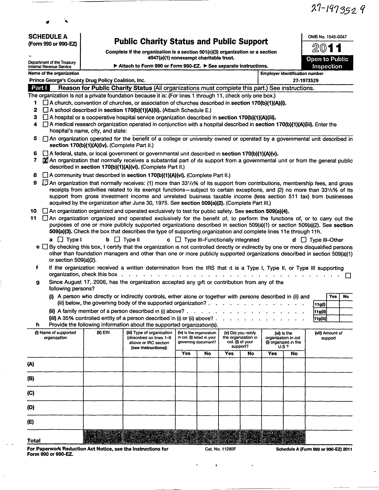 Image of first page of 2011 Form 990R for Prince Georges County Drug Policy Coalition