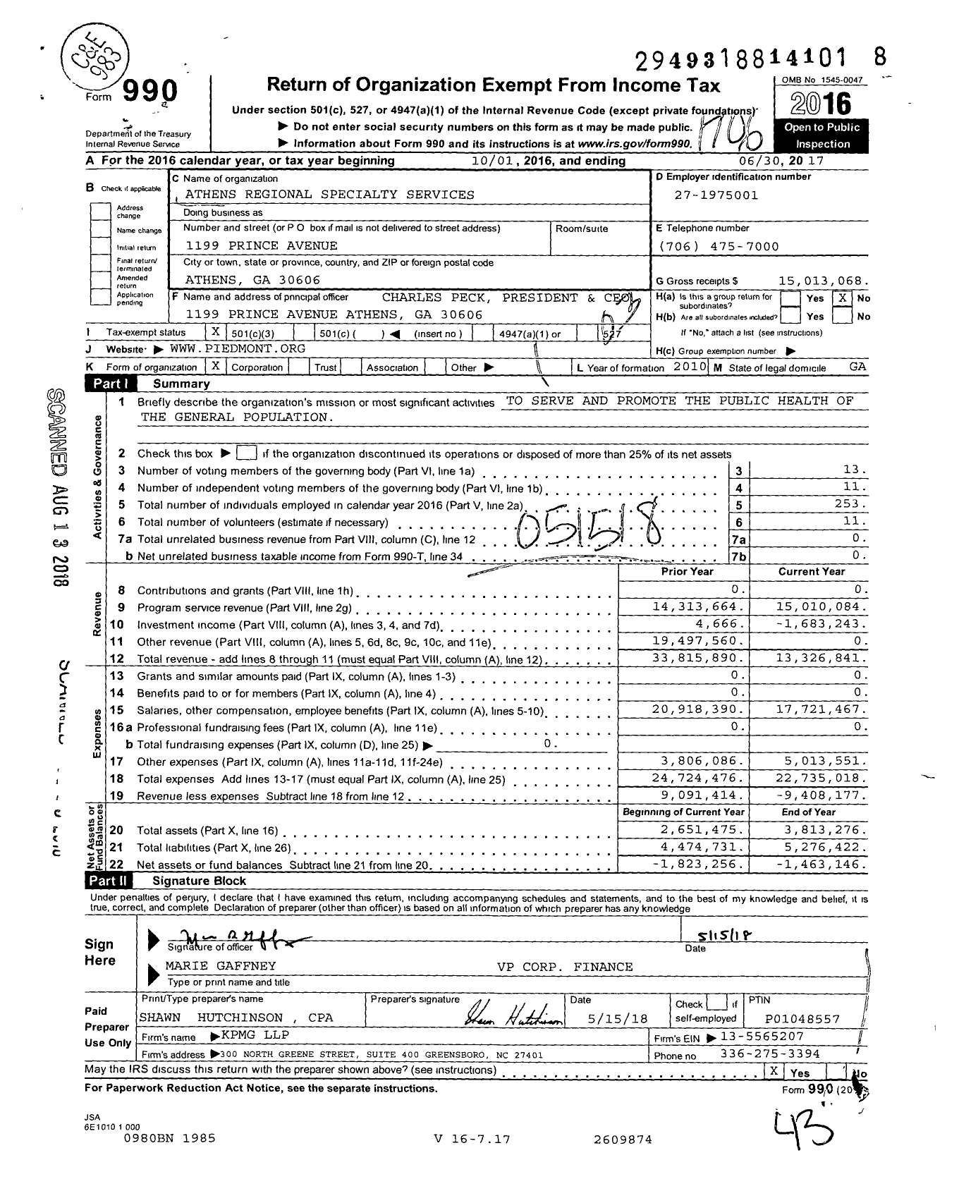 Image of first page of 2016 Form 990 for Athens Regional Specialty Services