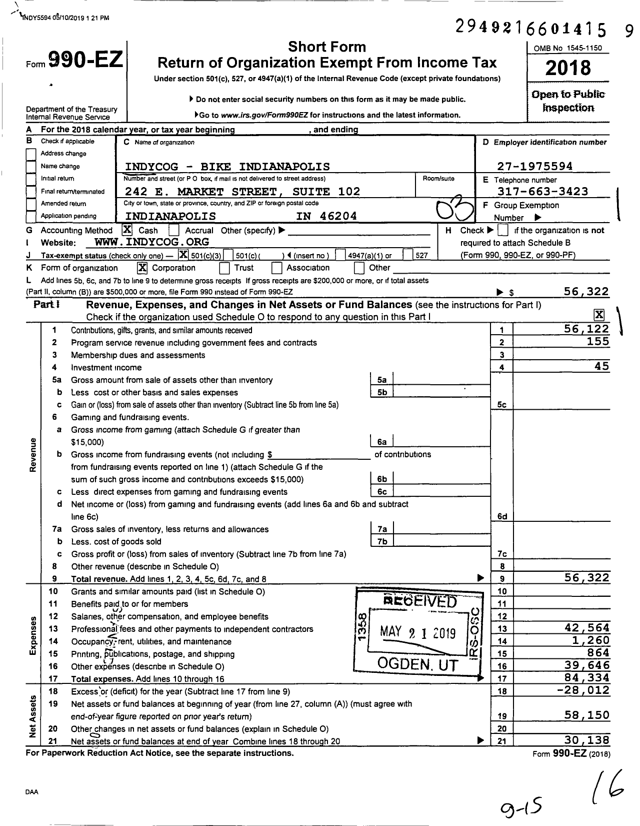 Image of first page of 2018 Form 990EZ for IndyCog - Bike Indianapolis